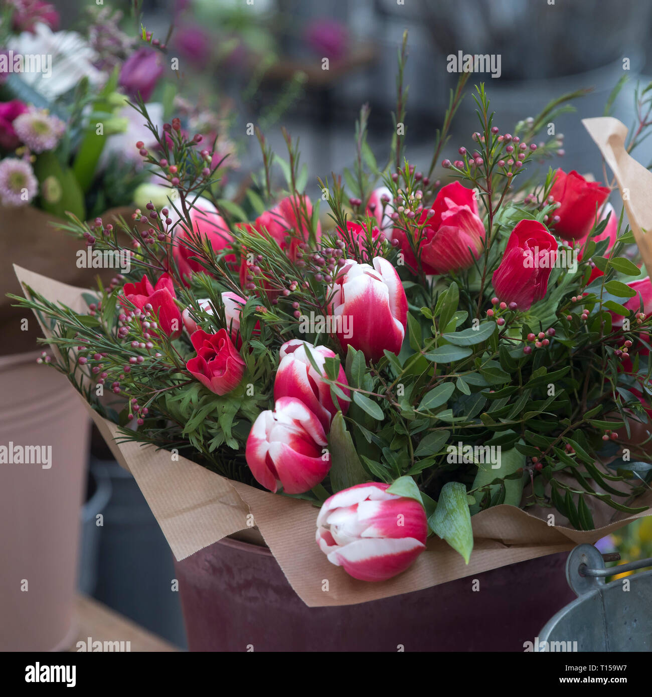 Wedding bouquet of tulips, anemones and eucalyptus Stock Photo