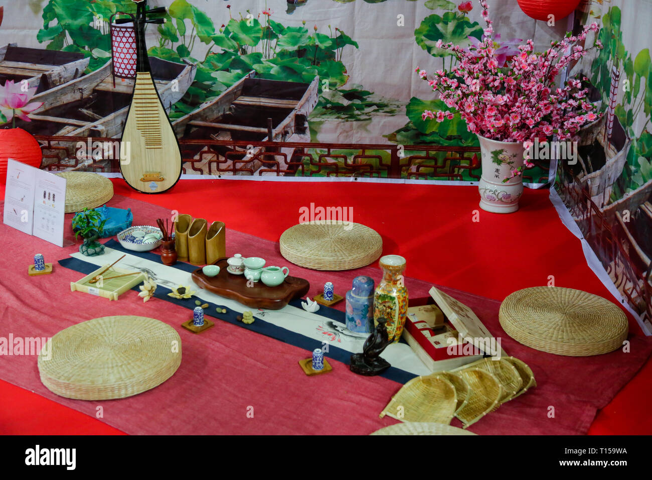 Typical Japanese furniture and objects on soft carpets, interior Stock