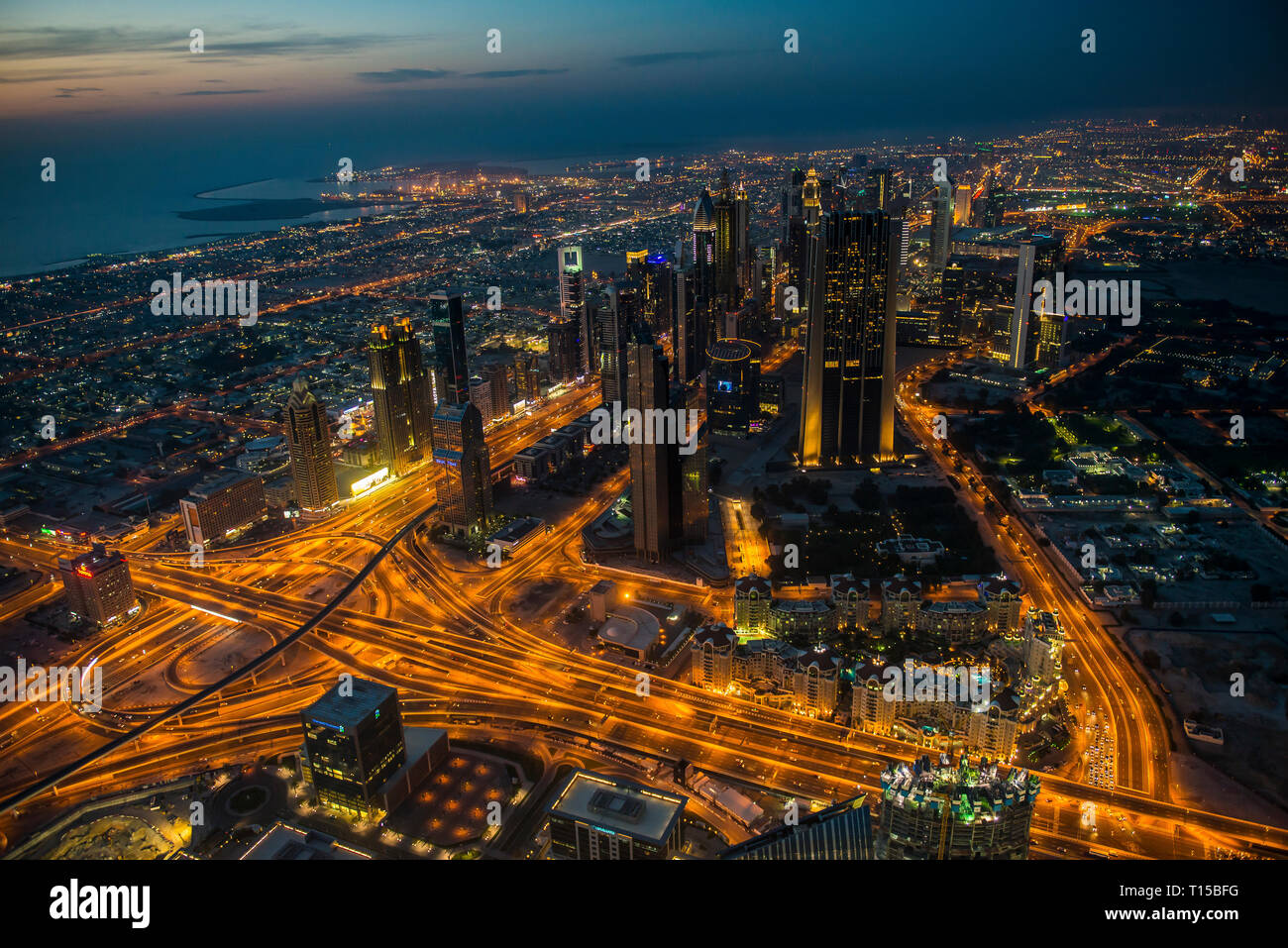 UAE, Dubai, Down Town Dubai and Sheikh Zayed Road at dusk Stock Photo ...