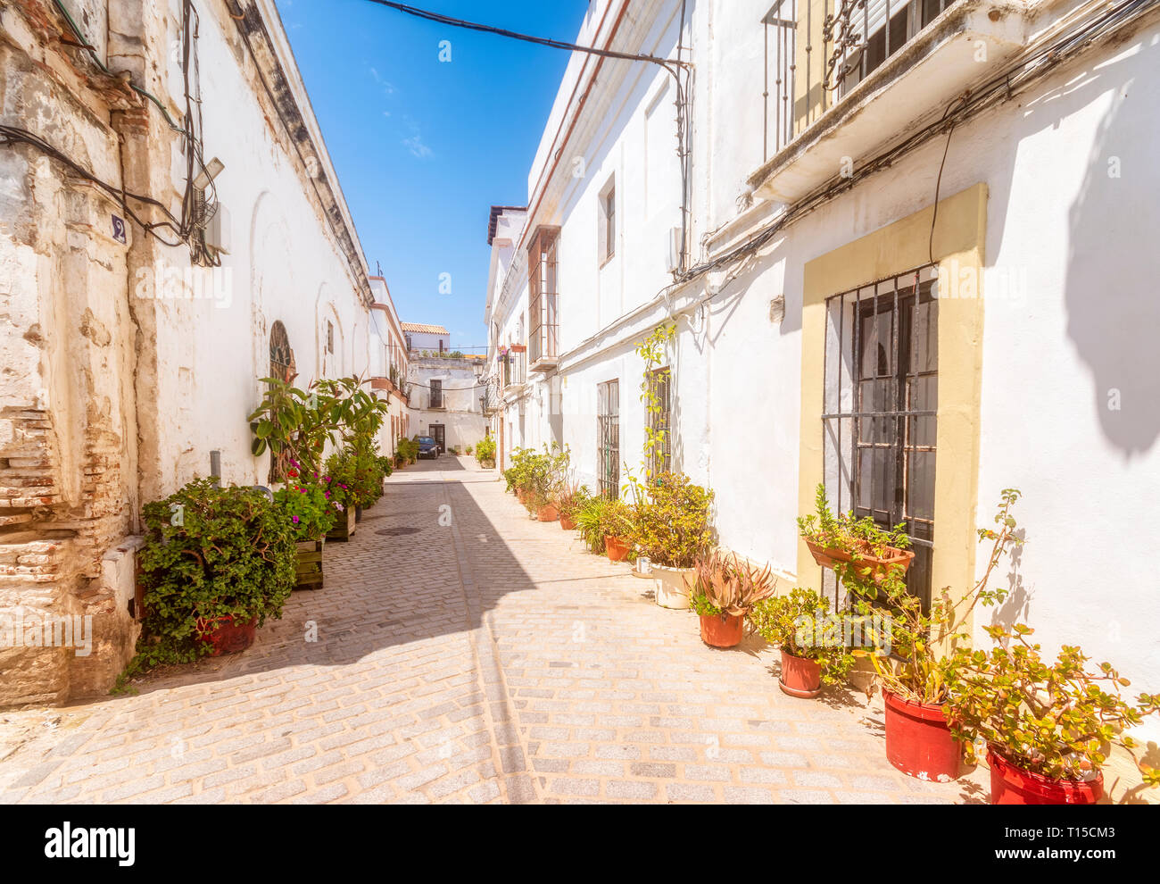 Spain, Andalucia, Tarifa, cobbled lane in old town Stock Photo