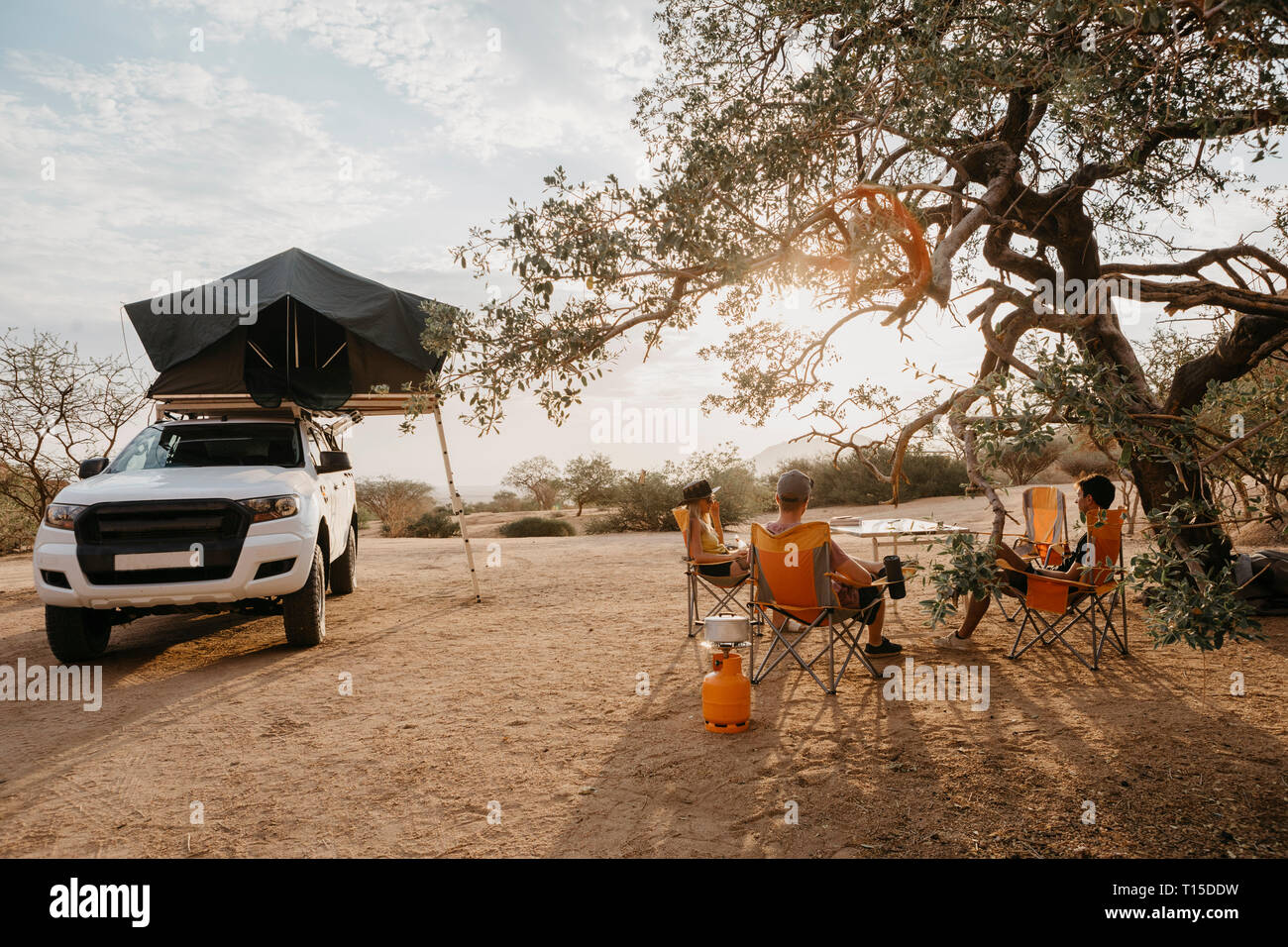 Namibia, friends camping near Spitzkoppe Stock Photo