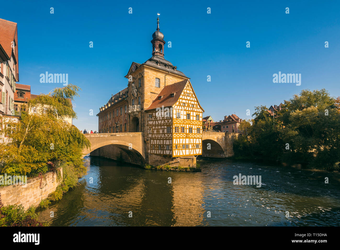 Germany, Bavaria, Bamberg, Old town hall, Obere Bruecke and Regnitz river Stock Photo