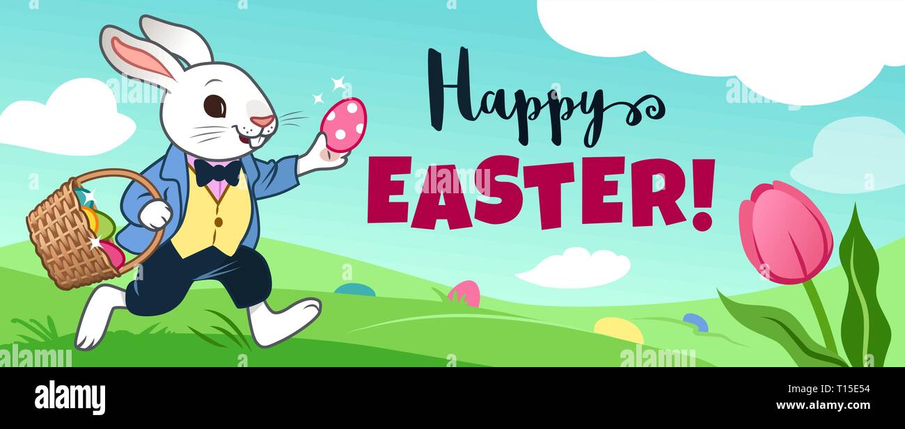 Easter bunny rabbit running in field, carrying basket full of candy