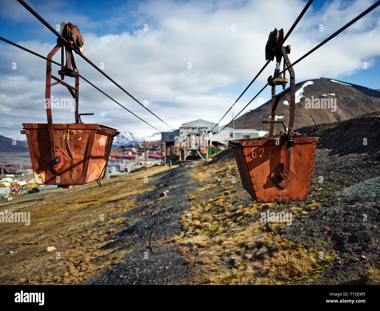 Norway, Spitsbergen, Longyearbyen, old remains of coal mine, historic ropeway conveyor Stock Photo