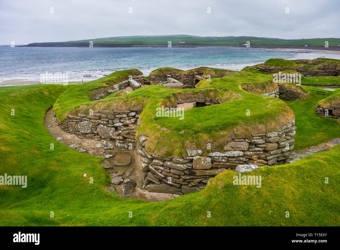 United Kingdom, Scotland, Orkney Islands, Mainland, Unesco world heritage sight, the stone build neolithic settlment of Skara Brae Stock Photo