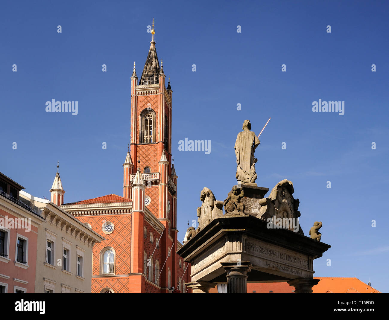 Germany, Saxony, Kamenz, Townhall at Market Square, Andreas fountain Stock Photo