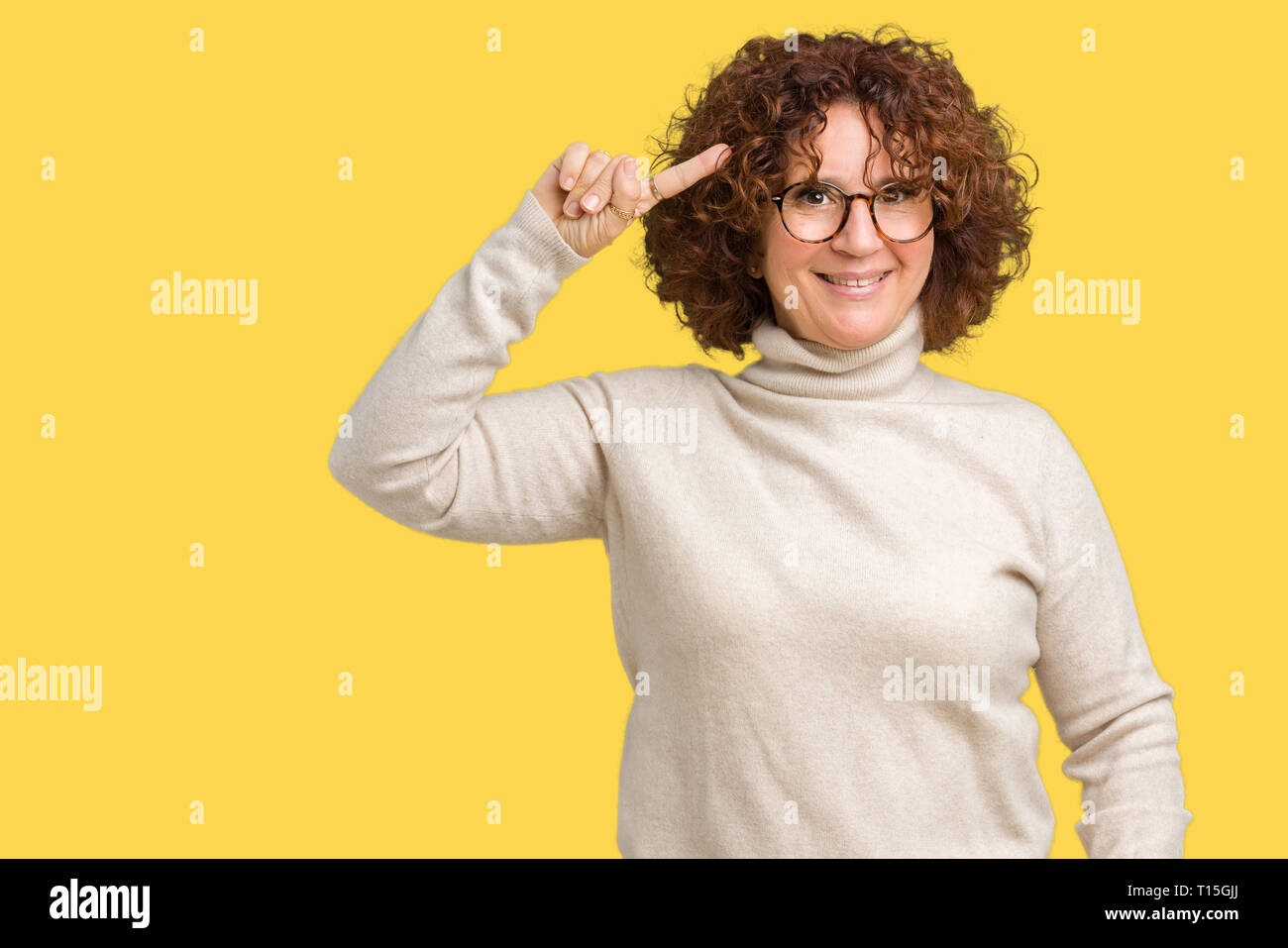 Beautiful middle ager senior woman wearing turtleneck sweater and glasses over isolated background Smiling pointing to head with one finger, great ide Stock Photo