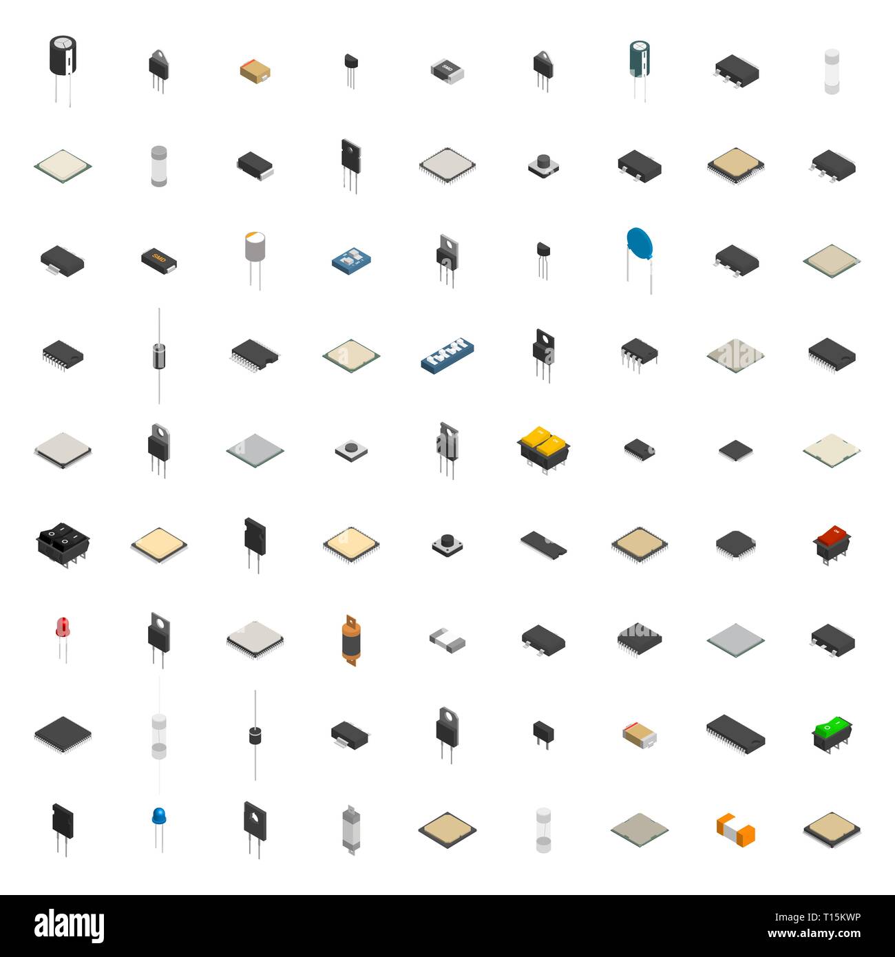 Set of different active and passive electronic components isolated on white background. Flat 3D isometric style, vector illustration. Stock Vector