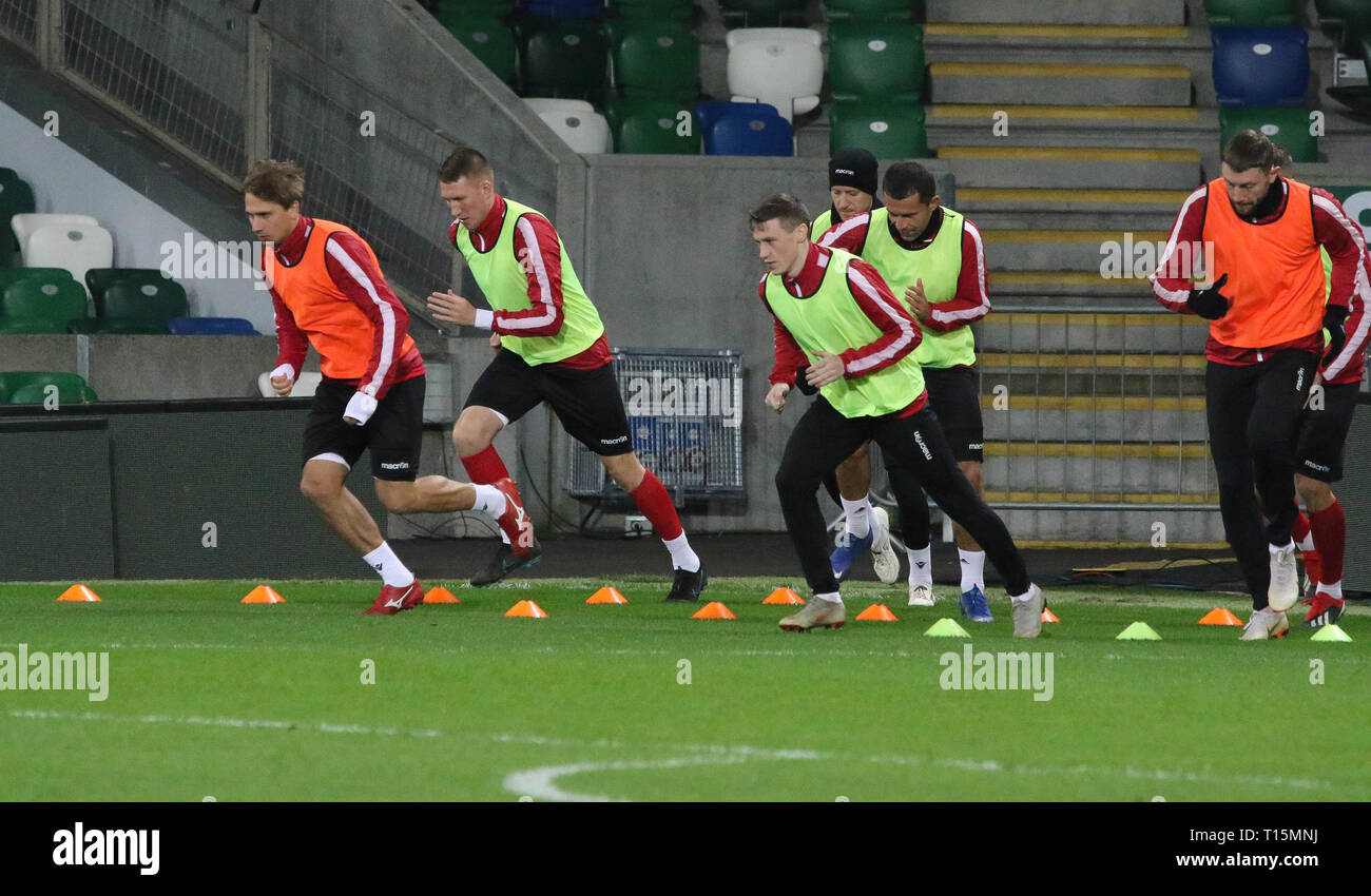 Windsor Park Belfast, Northern Ireland, UK. 23 March 2019. The Belarus squad train at Windsor Park before their game against Northern Ireland tomorrow night. Credit: David Hunter/Alamy Live News. Stock Photo