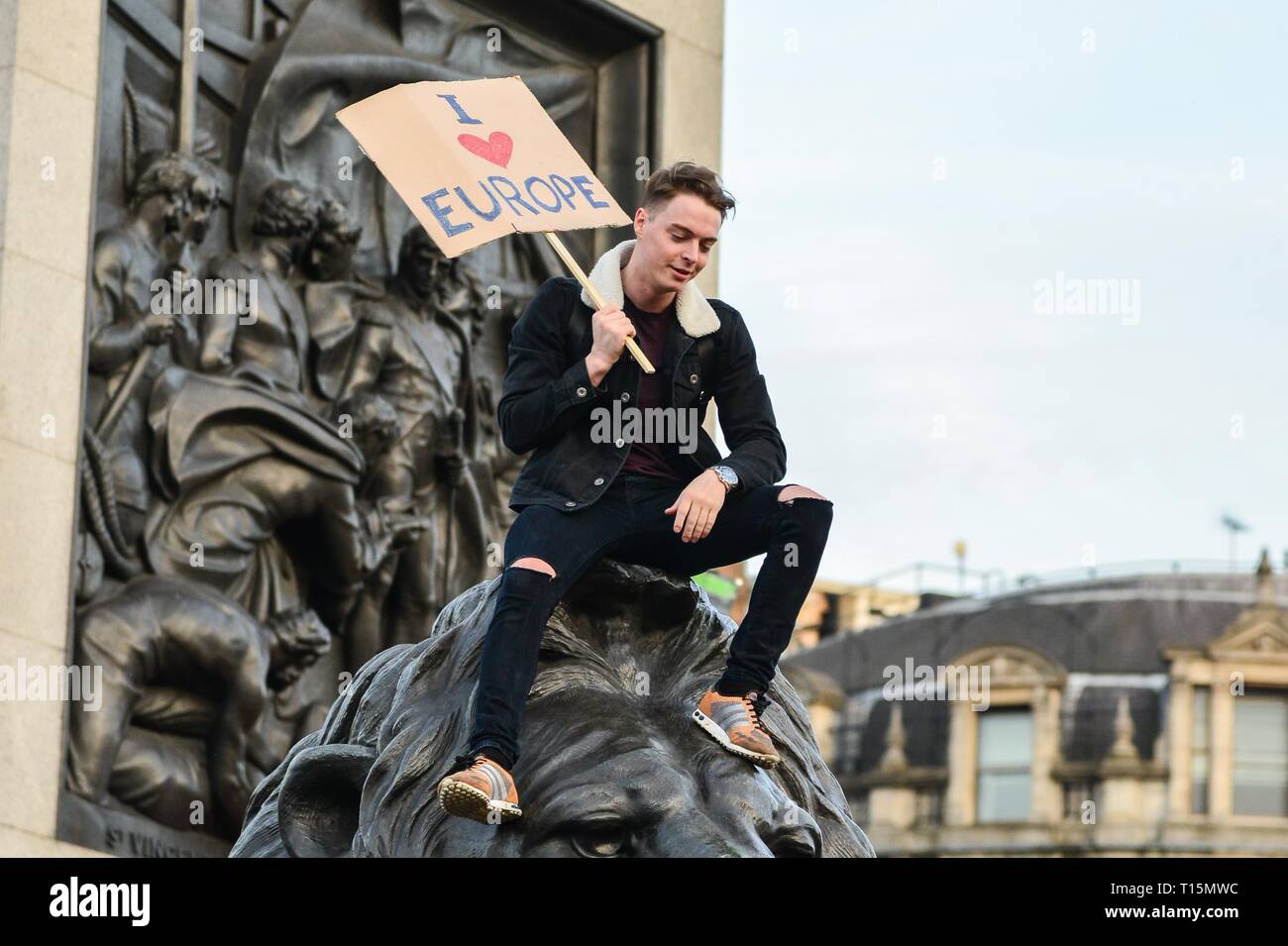 London 23rd March 2019: Demonstrators in Trafalgar Square. One million people are estimated to have marched through London calling for the public to be given a final say on Brexit. Credit: Claire Doherty/Alamy Live News Stock Photo