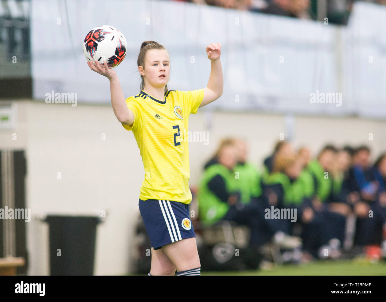 Edinburgh, Scotland - March 23: Chloe Warrington of Scotland during the UEFA Elite Round match between Scotland U17 Girl's and Norway U17 Girl's at Oriam Scotland, on March 23, 2019 in Edinburgh, Scotland. (Photo by Scottish Borders Media/Alamy Live News)  Editorial use only, license required for commercial use. No use in betting. Stock Photo