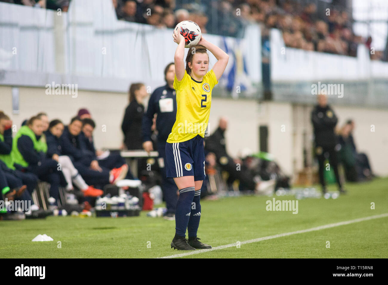 Edinburgh, Scotland - March 23: Chloe Warrington of Scotland during the UEFA Elite Round match between Scotland U17 Girl's and Norway U17 Girl's at Oriam Scotland, on March 23, 2019 in Edinburgh, Scotland. (Photo by Scottish Borders Media/Alamy Live News)  Editorial use only, license required for commercial use. No use in betting. Stock Photo