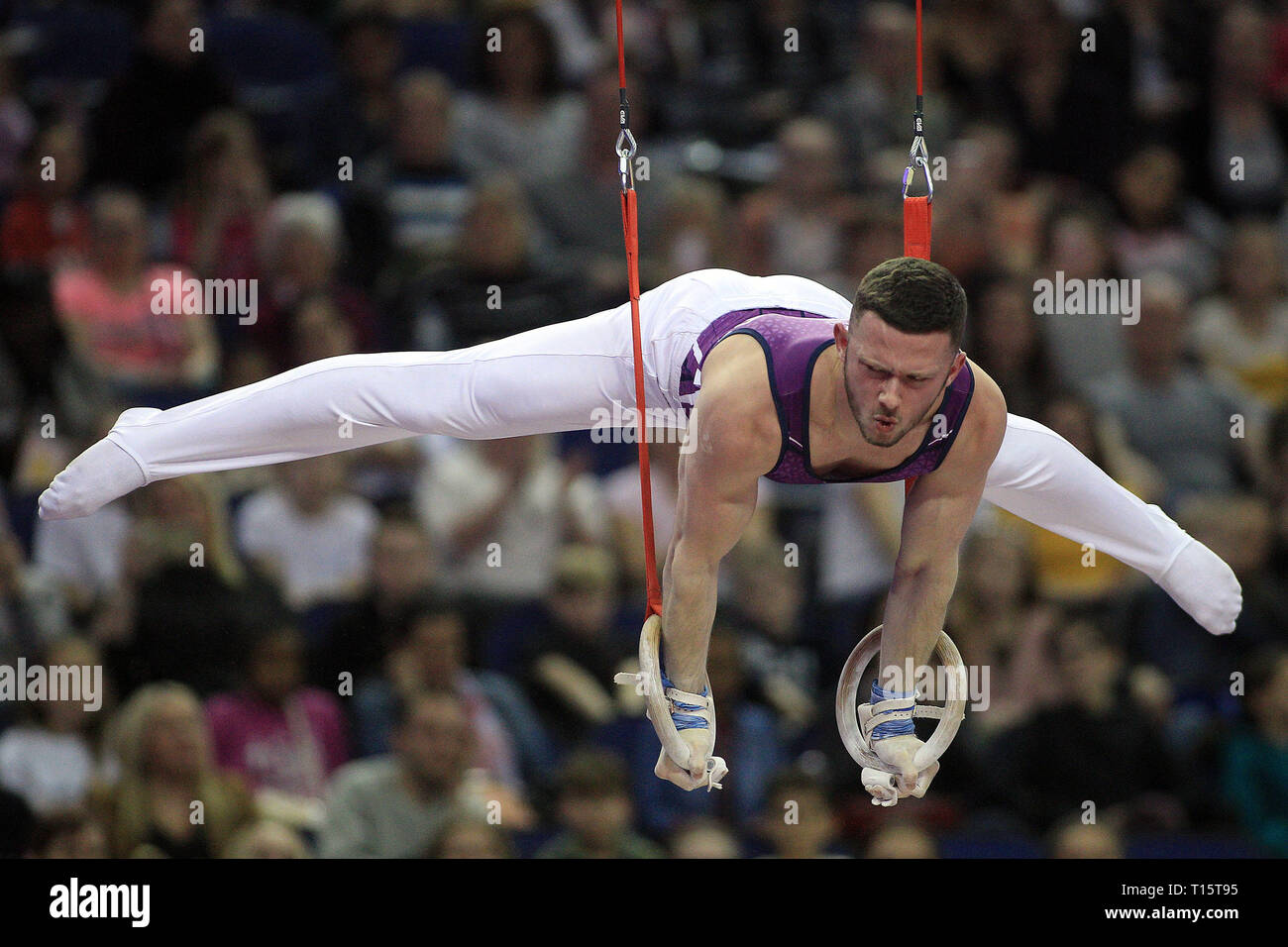 London, UK. 23rd Mar 2019. Dominick Cunningham of Great Britain during the Men's Rings. Superstars of Gymnastics event at The O2 in London on Saturday  23rd March 2019.  Editorial usage only. picture by Steffan Bowen/Andrew Orchard sports photography/Alamy Live News Stock Photo
