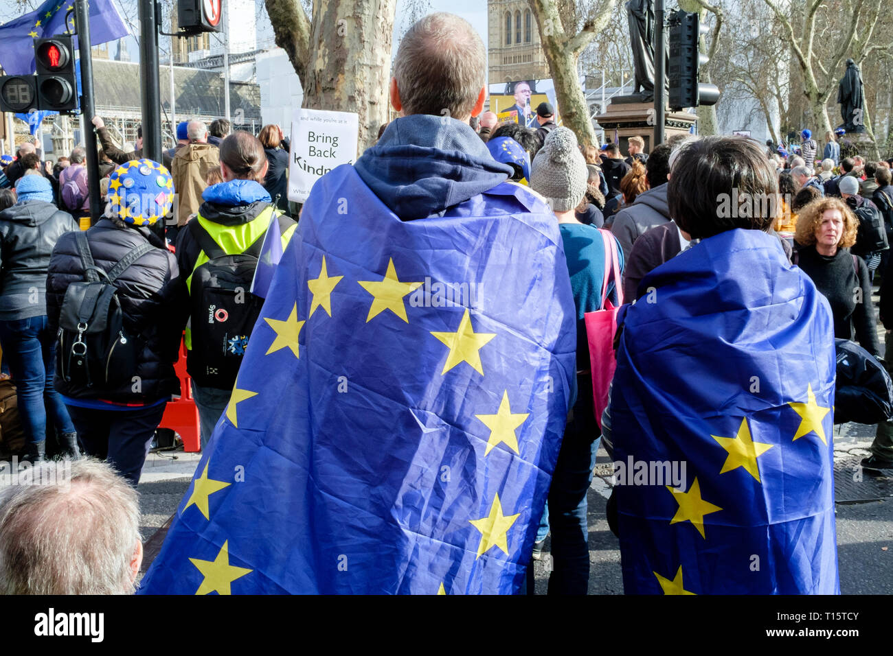 London, UK. 23rd March 2019. Hundreds of thousands of people march through central London demanding a second vote on the UK's membership of the European Union. Pictured: Marchers gather to listen to speeches in Parliament Square. Credit: mark phillips/Alamy Live News Stock Photo