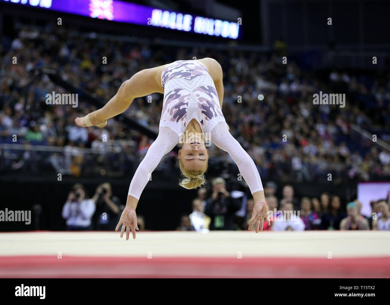 23rd March 2019, O2 Arena, London, England; Superstars of Gymnastics; Halle Hilton of Great Britain performing her floor exercise Stock Photo