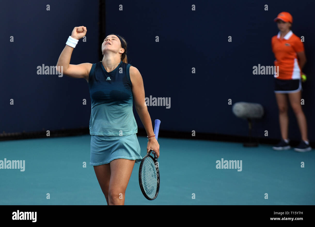 Miami, USA. 21st Mar, 2019.  Karolina Muchova of the Czech Republic reacts after winning a match against Nao Hibino of Japan at the Hard Rock Stadium at the Miami Open on March 21, 2019 in Miami Gardens, Florida. Muchova beat Hibino 6-3, 6-3.(Paul Hennessy/Alamy) Credit: Paul Hennessy/Alamy Live News Stock Photo