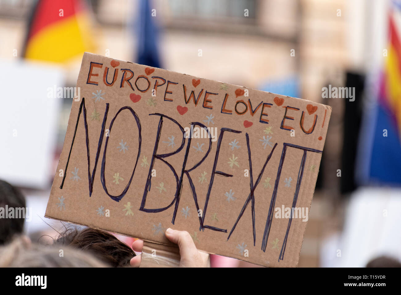London, UK. 23rd Mar, 2019. Peoples Vote March, Europe we love EU placard. Crowd detail and banners as taken from the perspective of a protester. Remain banners, second referendum. Credit: Tony Pincham/Alamy Live News Stock Photo