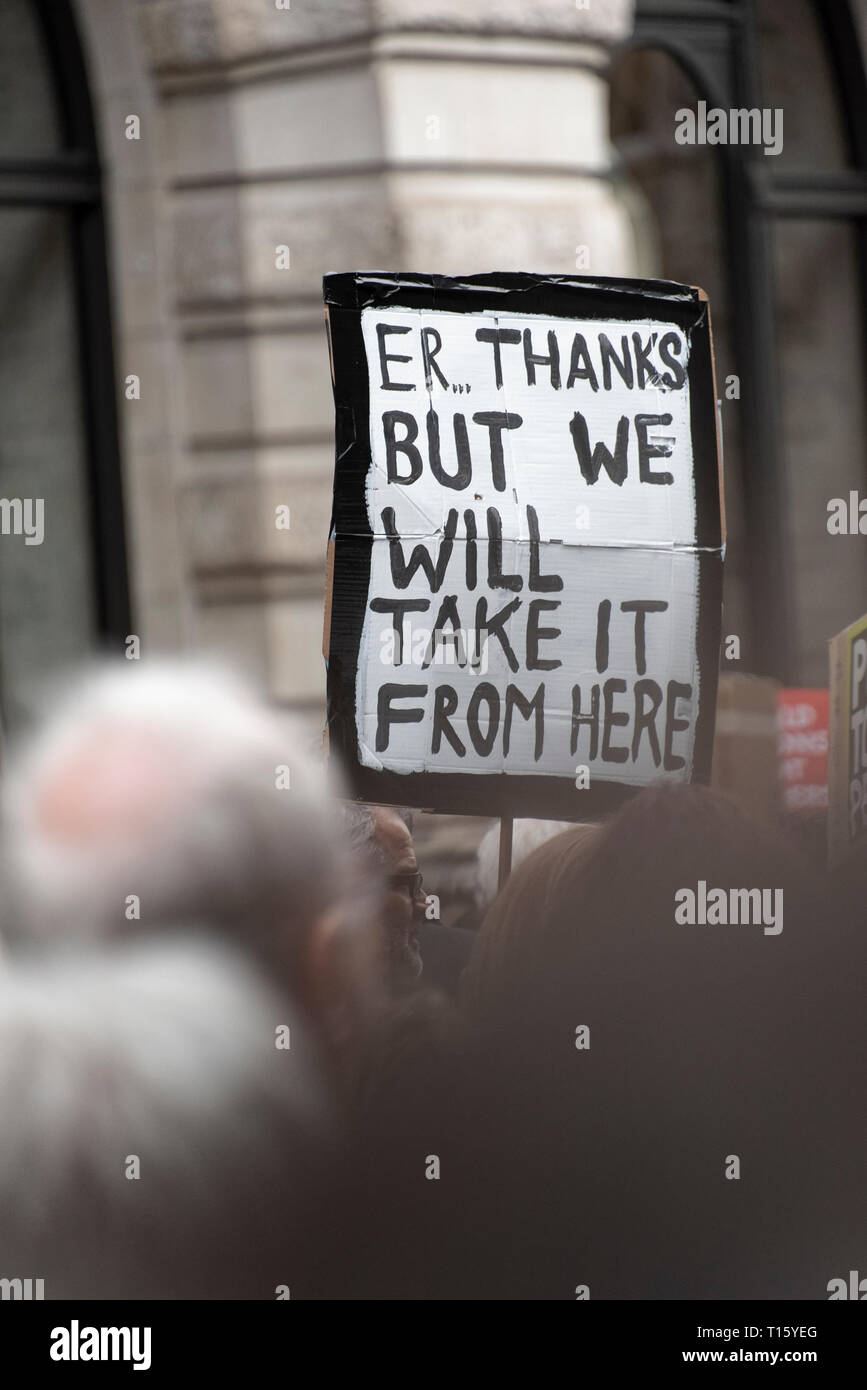London, UK. 23rd Mar, 2019. Peoples Vote March, We will take it from here placard. Crowd detail and banners as taken from the perspective of a protester. Remain banners, second referendum. Credit: Tony Pincham/Alamy Live News Stock Photo