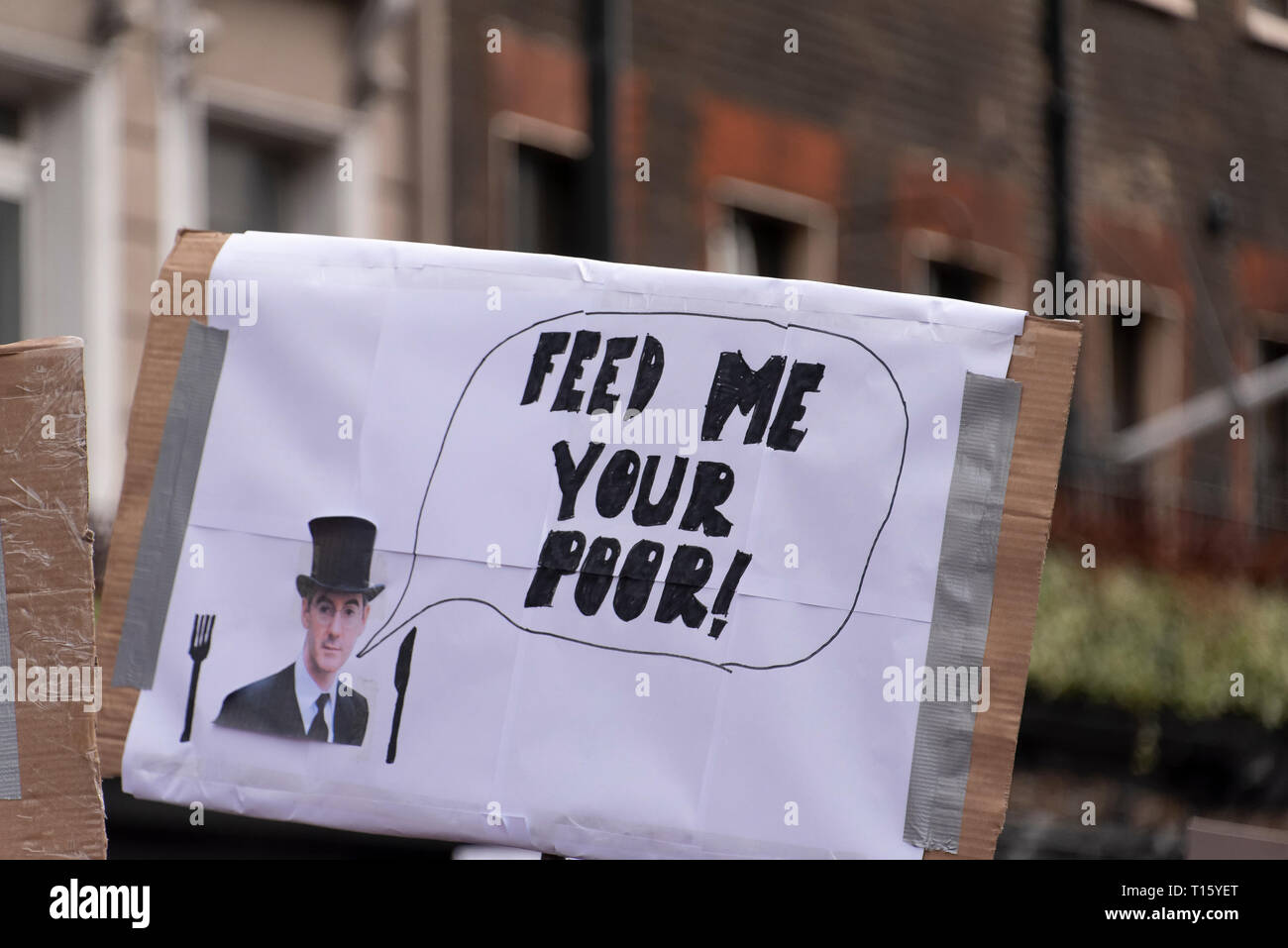 London, UK. 23rd Mar, 2019. Peoples Vote March, Feed Me Your Poor, Mogg placard. Crowd detail and banners as taken from the perspective of a protester. Remain banners, second referendum. Credit: Tony Pincham/Alamy Live News Stock Photo