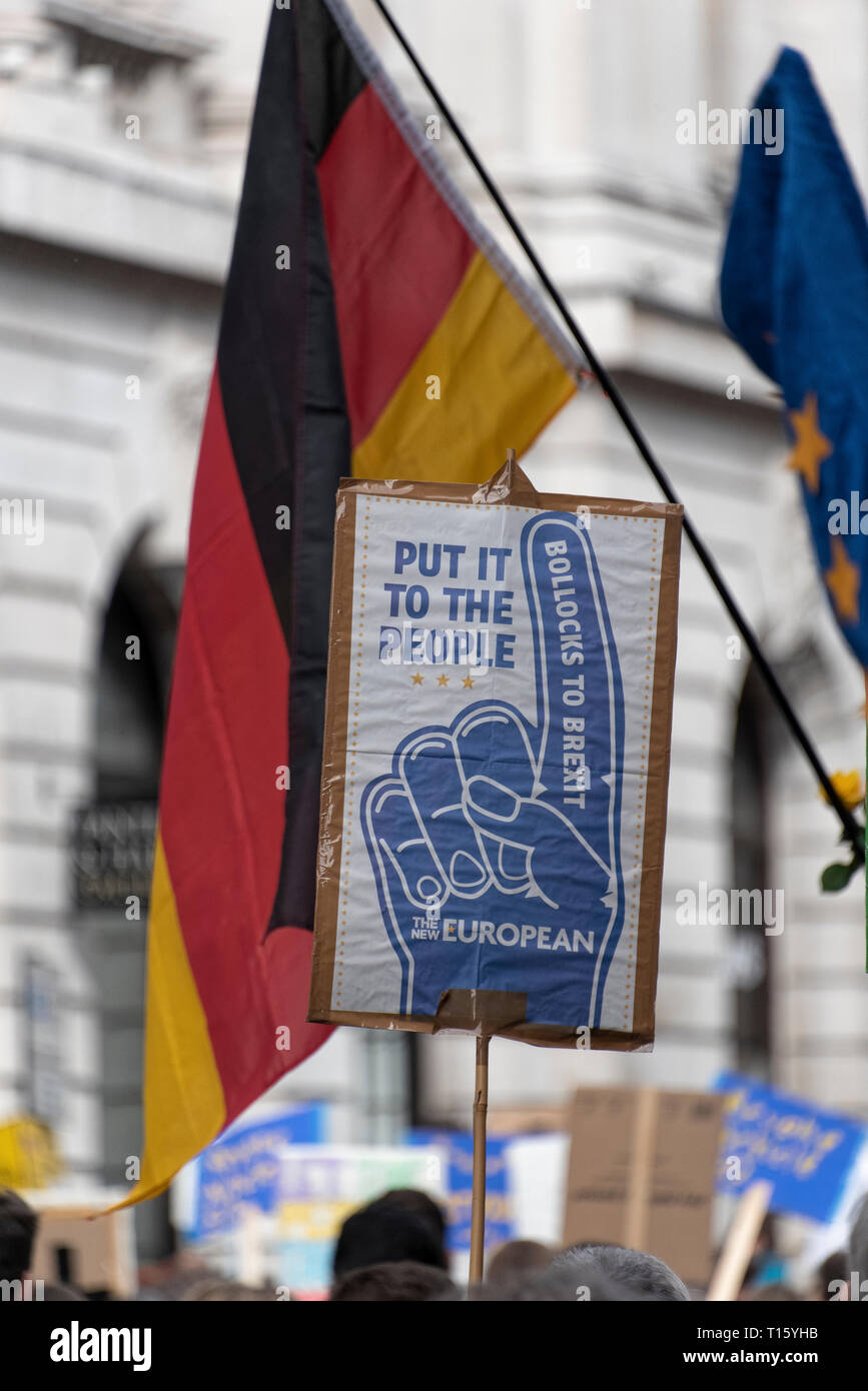 London, UK. 23rd Mar, 2019. Peoples Vote March. Put it to the people placard. Crowd detail and banners as taken from the perspective of a protester. Remain banners, second referendum. Credit: Tony Pincham/Alamy Live News Stock Photo