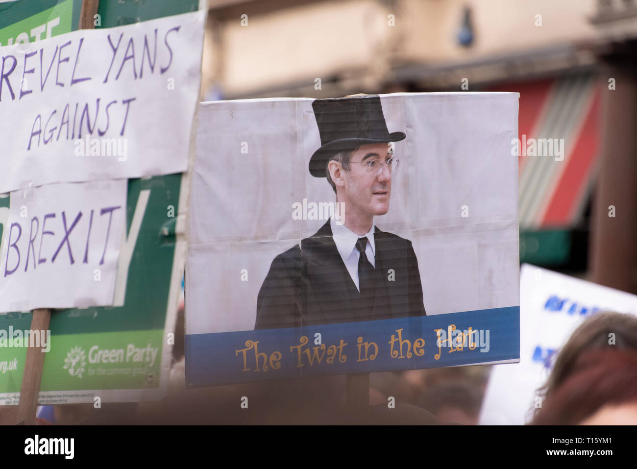 London, UK. 23rd Mar, 2019. Peoples Vote March, Mogg placard. Crowd detail and banners as taken from the perspective of a protester. Remain banners, second referendum. Credit: Tony Pincham/Alamy Live News Stock Photo