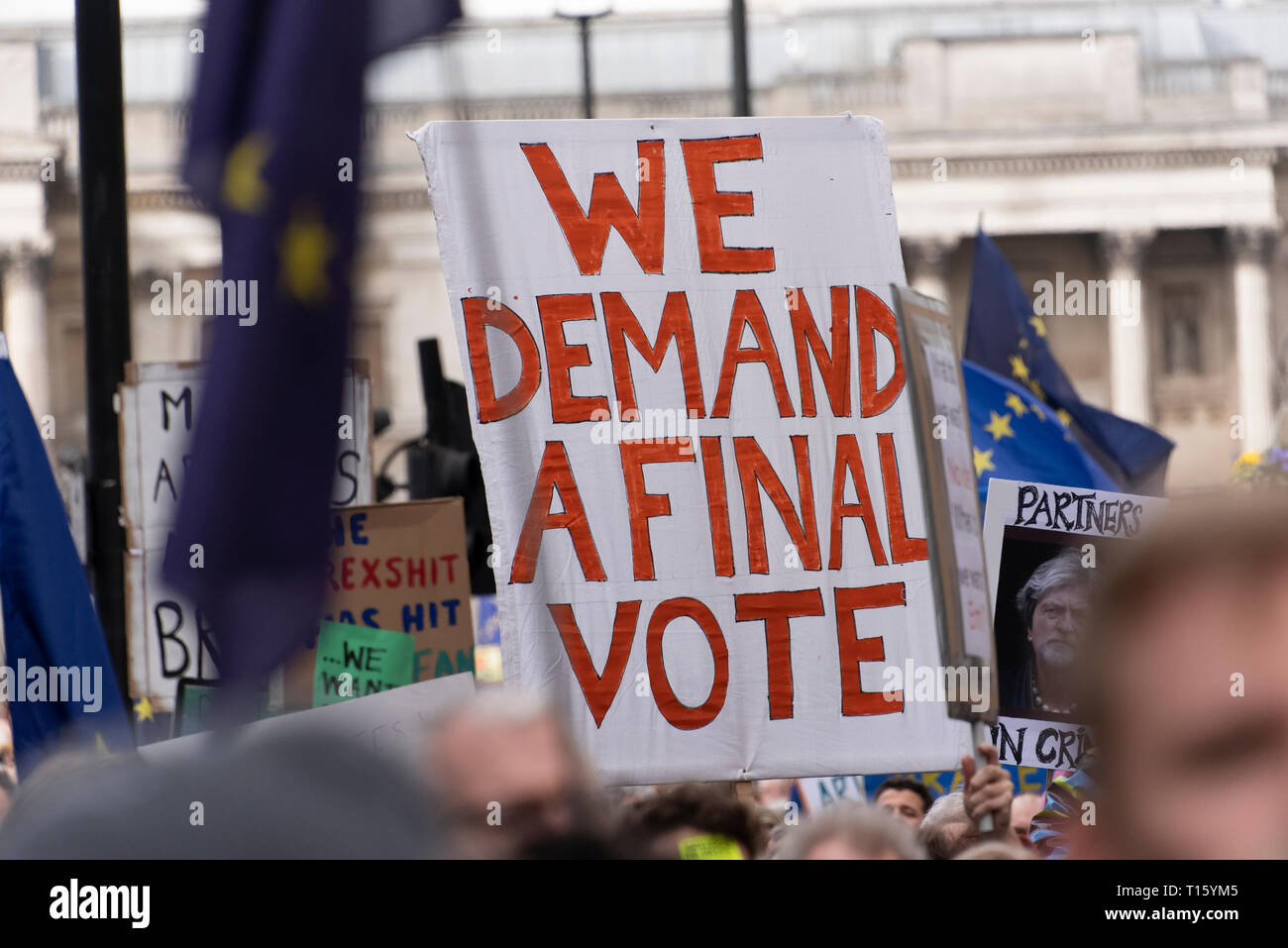 London, UK. 23rd Mar, 2019. Peoples Vote March, Demand final vote placard. Crowd detail and banners as taken from the perspective of a protester. Remain banners, second referendum. Credit: Tony Pincham/Alamy Live News Stock Photo
