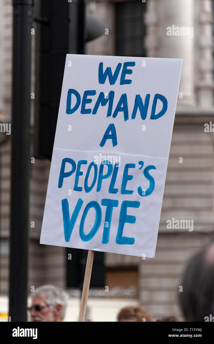 London, UK. 23rd Mar, 2019. Peoples Vote March, Demand Vote placard. Crowd detail and banners as taken from the perspective of a protester. Remain banners, second referendum. Credit: Tony Pincham/Alamy Live News Stock Photo