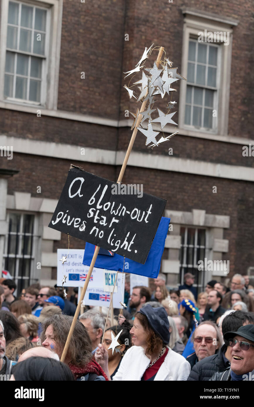 London, UK. 23rd Mar, 2019. Peoples Vote March, EU stars placard. Crowd detail and banners as taken from the perspective of a protester. Remain banners, second referendum. Credit: Tony Pincham/Alamy Live News Stock Photo