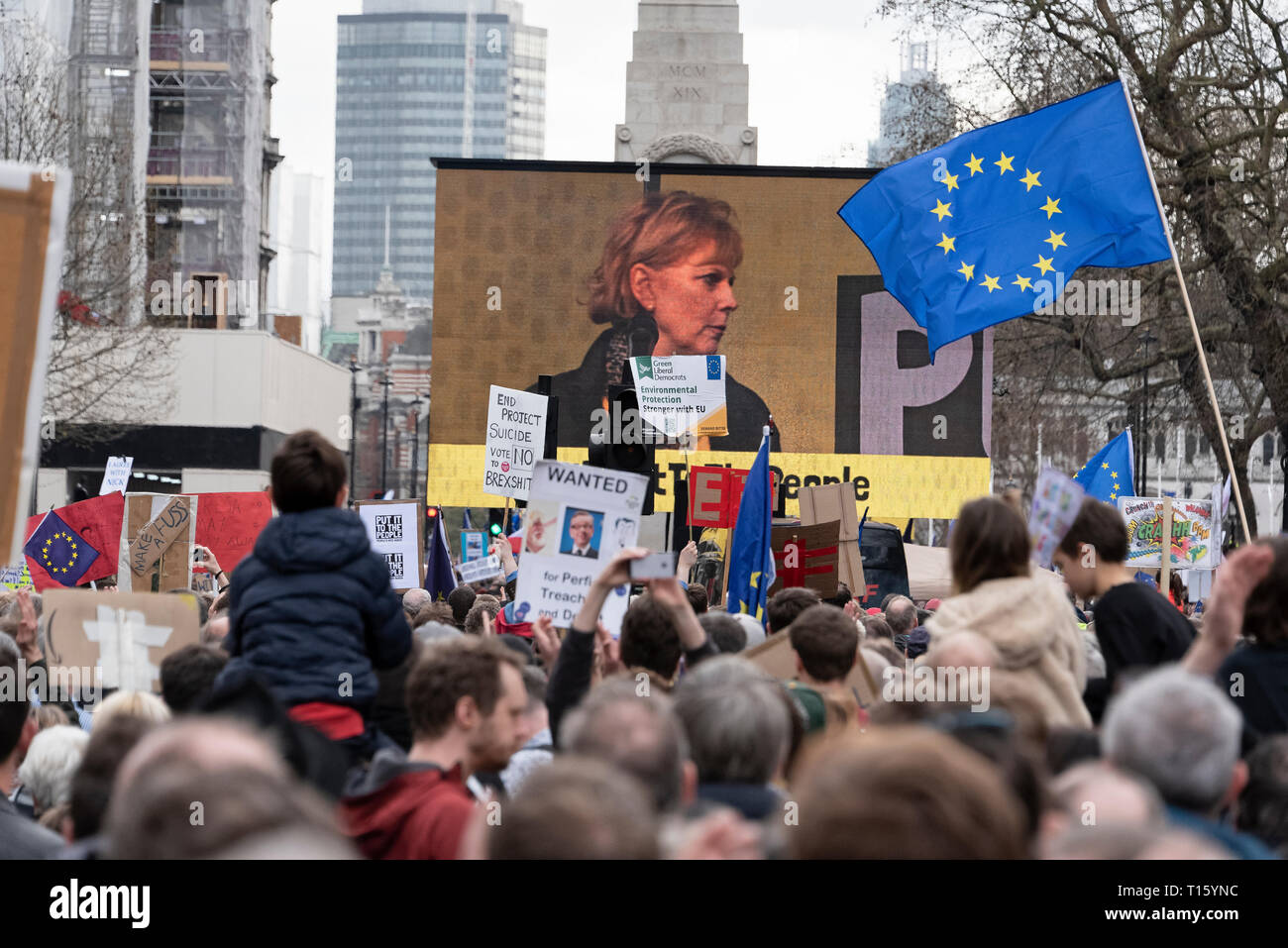 London, UK. 23rd Mar, 2019. Peoples Vote March, Anna Soubry screen. Crowd detail and banners as taken from the perspective of a protester. Remain banners, second referendum. Credit: Tony Pincham/Alamy Live News Stock Photo