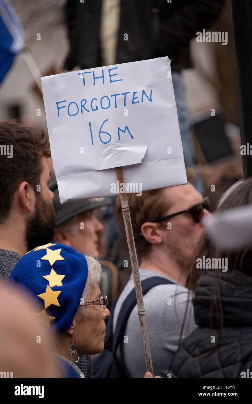 London, UK. 23rd Mar, 2019. Peoples Vote March, The Forgotten 16 million placard - small woman EU hat. Crowd detail and banners as taken from the perspective of a protester. Remain banners, second referendum. Credit: Tony Pincham/Alamy Live News Stock Photo