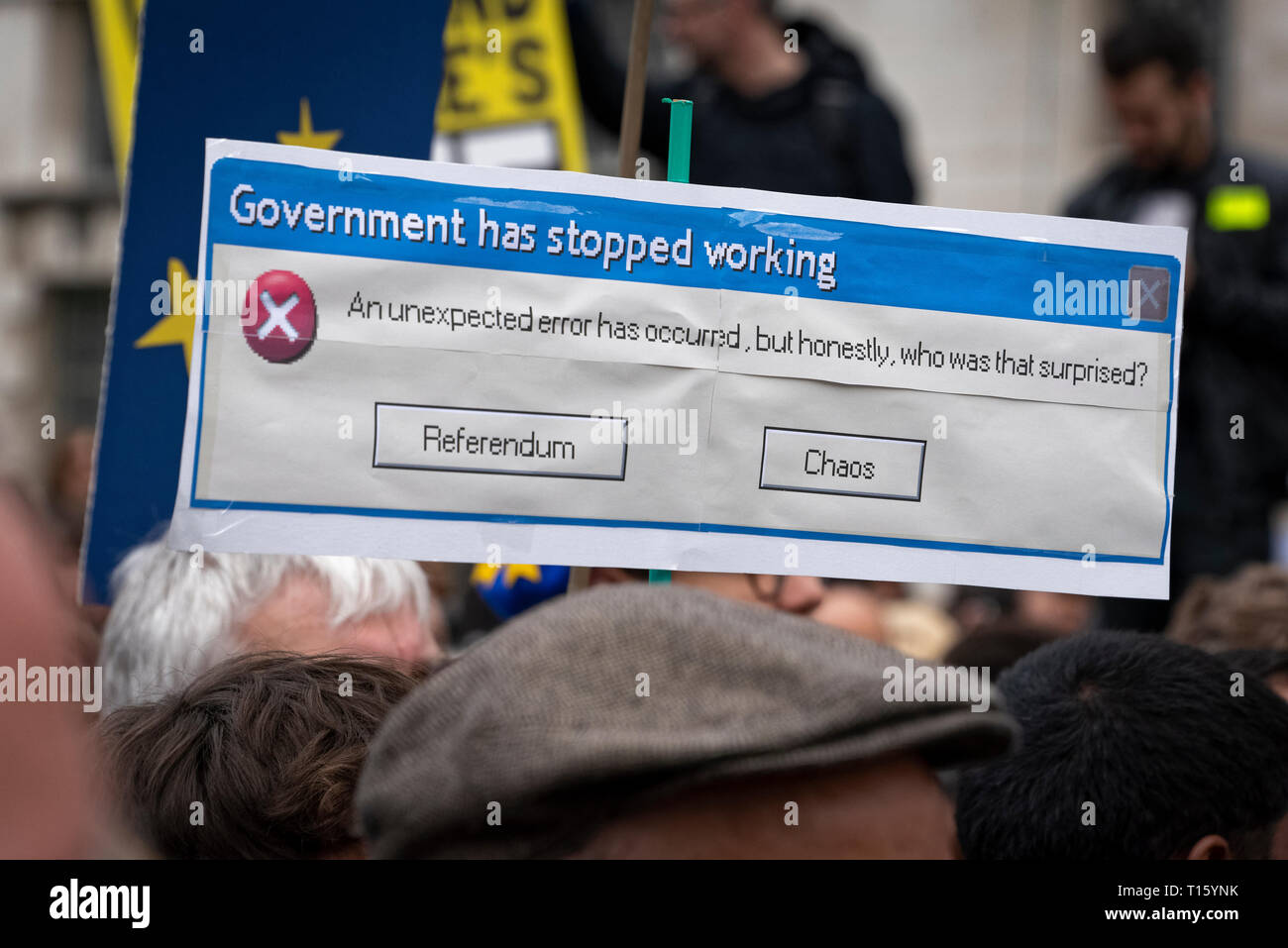 London, UK. 23rd Mar, 2019. Peoples Vote March, Government has Stopped Working placard. Crowd detail and banners as taken from the perspective of a protester. Remain banners, second referendum. Credit: Tony Pincham/Alamy Live News Stock Photo