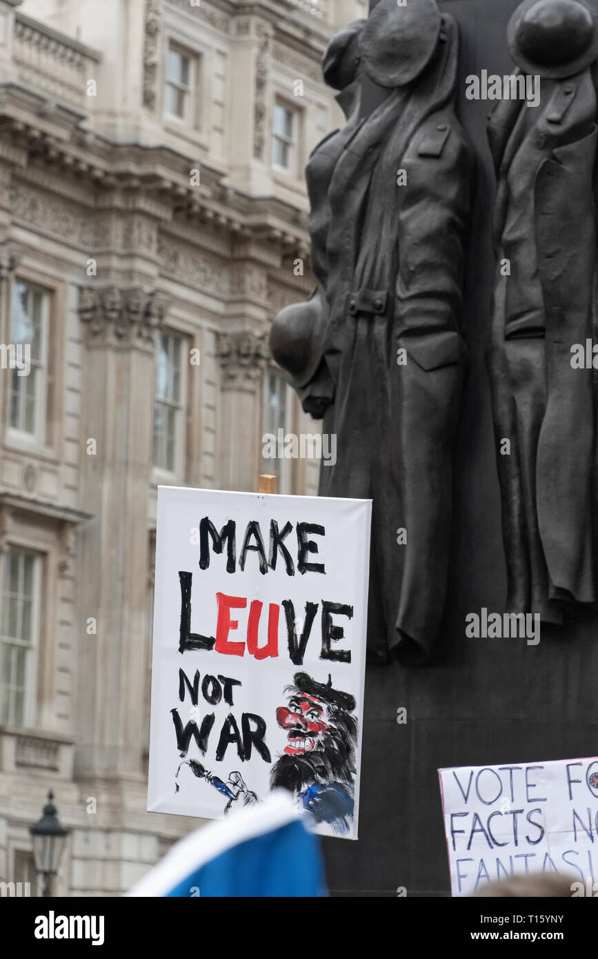 London, UK. 23rd Mar, 2019. Peoples Vote March, Make L-EU-VE not WAR placard. Crowd detail and banners as taken from the perspective of a protester. Remain banners, second referendum. Credit: Tony Pincham/Alamy Live News Stock Photo