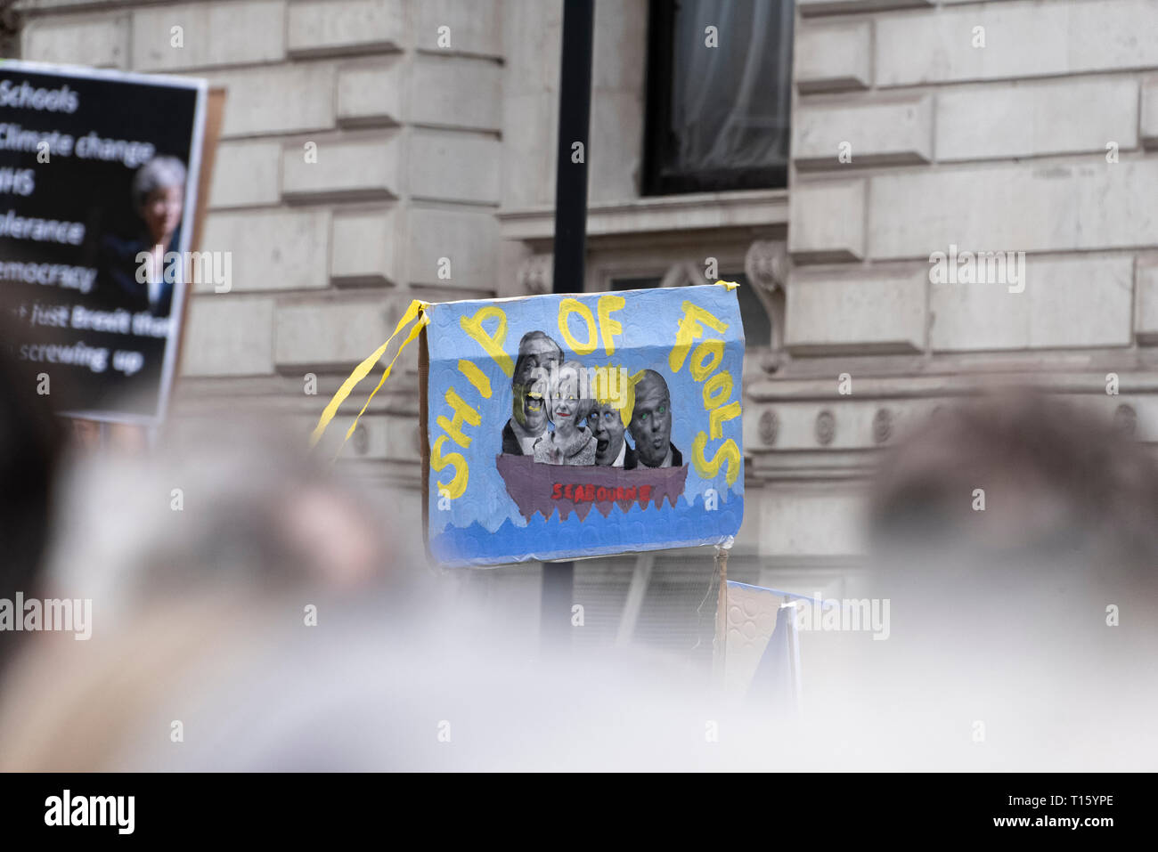 London, UK. 23rd Mar, 2019. Peoples Vote March, Ship of fools placard. Crowd detail and banners as taken from the perspective of a protester. Remain banners, second referendum. Credit: Tony Pincham/Alamy Live News Stock Photo