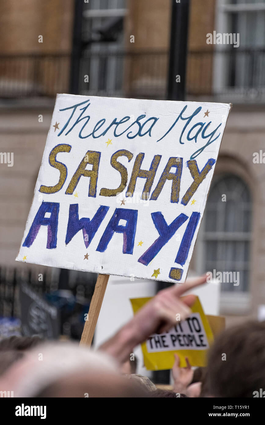 London, UK. 23rd Mar, 2019. Peoples Vote March, Sashay May placard. Crowd detail and banners as taken from the perspective of a protester. Remain banners, second referendum. Credit: Tony Pincham/Alamy Live News Stock Photo