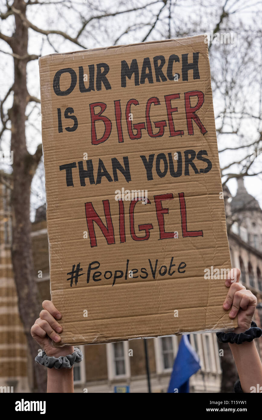 London, UK. 23rd Mar, 2019. Peoples Vote March, Remain march bigger. Crowd detail and banners as taken from the perspective of a protester. Remain banners, second referendum. Credit: Tony Pincham/Alamy Live News Stock Photo