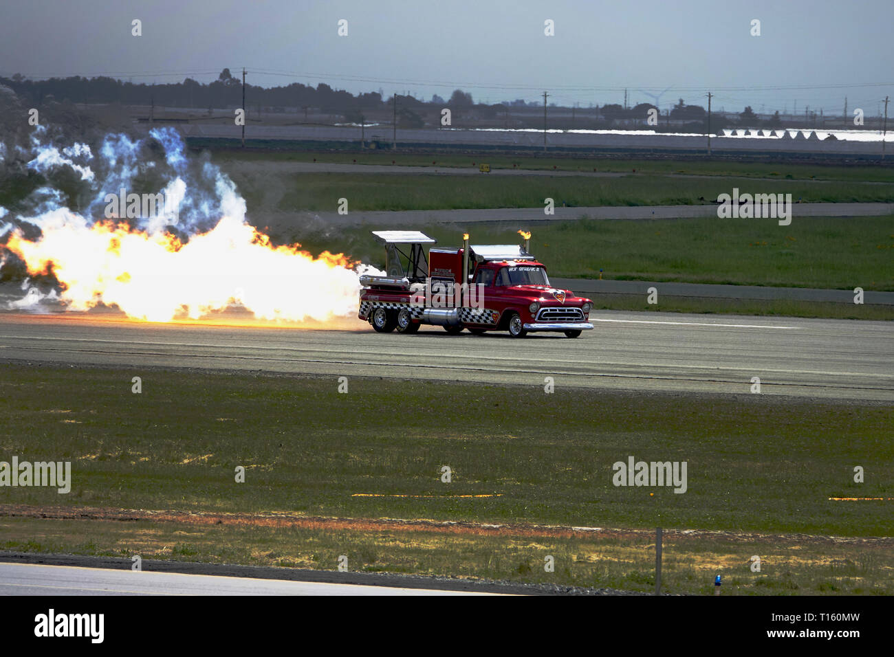 California, USA. 23rd Mar, 2019. 23rd March, 2019   Salinas, California, USA      Scenes from the annual  Salinas Air-Show, featuring the US Navy 'Blue Angels' arobatic team - here the 'Smoke and Thunder' Jet truck burns oil, and gas to an alarming degree. Credit: Motofoto/Alamy Live News Stock Photo