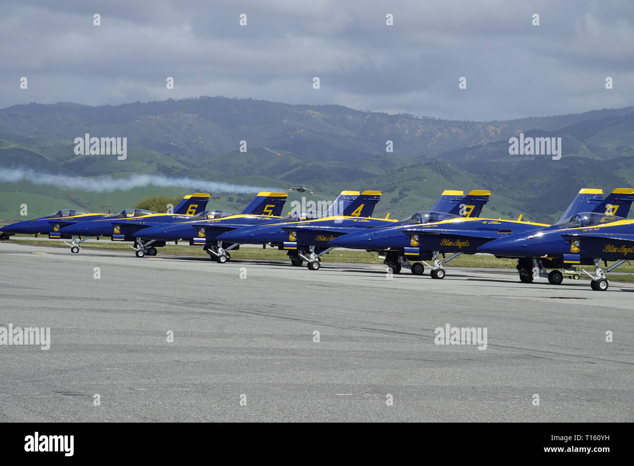 California, USA. 23rd Mar, 2019. 23rd March, 2019   Salinas, California, USA      Scvenes from the annual  Salinas Air-Show, featuring the US Navy 'Blue Angels' arobatic team: here Jerry Conley in the post WW2 Vampire jet careers over the jets of the Blue Angels  at 450 mph. Credit: Motofoto/Alamy Live News Stock Photo