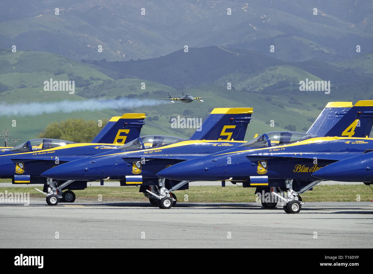 California, USA. 23rd Mar, 2019. 23rd March, 2019   Salinas, California, USA      Scvenes from the annual  Salinas Air-Show, featuring the US Navy 'Blue Angels' arobatic team: here Jerry Conley in the post WW2 Vampire jet careers over the jets of the Blue Angels  at 450 mph. Credit: Motofoto/Alamy Live News Stock Photo