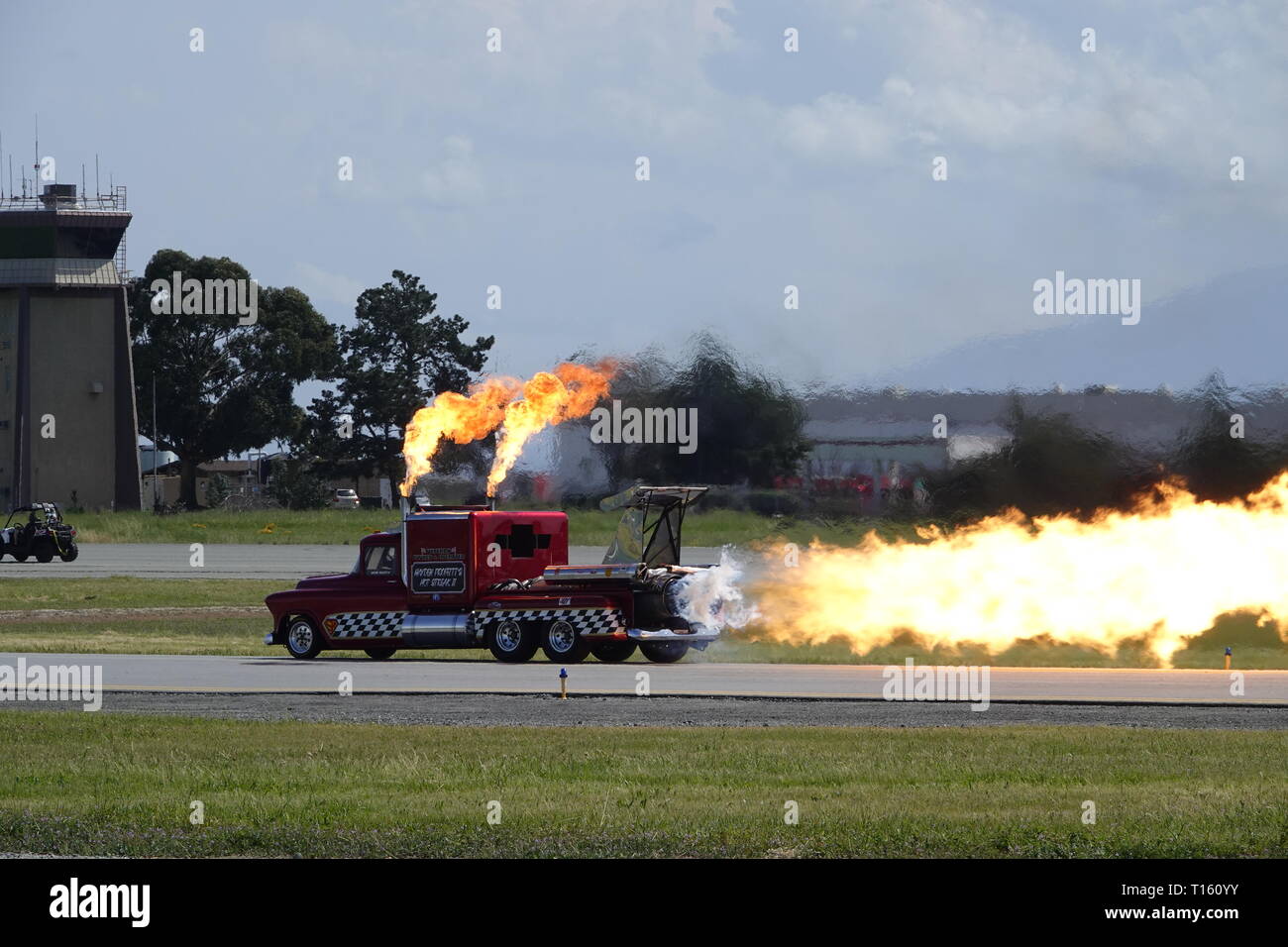 California, USA. 23rd Mar, 2019. 23rd March, 2019   Salinas, California, USA      Scenes from the annual  Salinas Air-Show, featuring the US Navy 'Blue Angels' arobatic team - here the 'Smoke and Thunder' Jet truck burns oil, and gas to an alarming degree. Credit: Motofoto/Alamy Live News Stock Photo