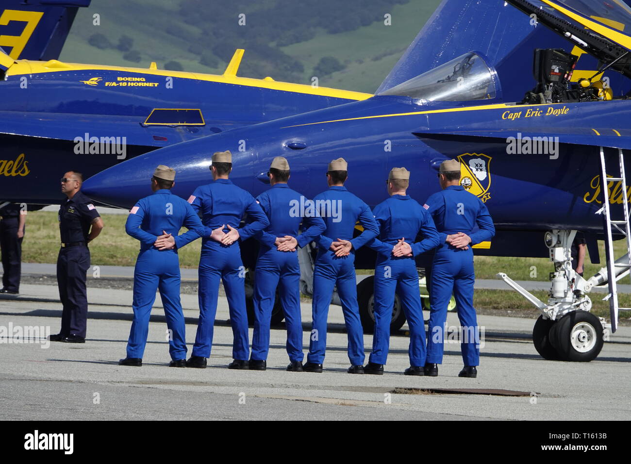 California, USA. 23rd Mar, 2019. 23rd March, 2019   Salinas, California, USA        Scenes from the annual  Salinas Air-Show, featuring the US Navy 'Blue Angels' arobatic team here seen preparing, parading and performing spectacularly over the airfield. Credit: Motofoto/Alamy Live News Stock Photo