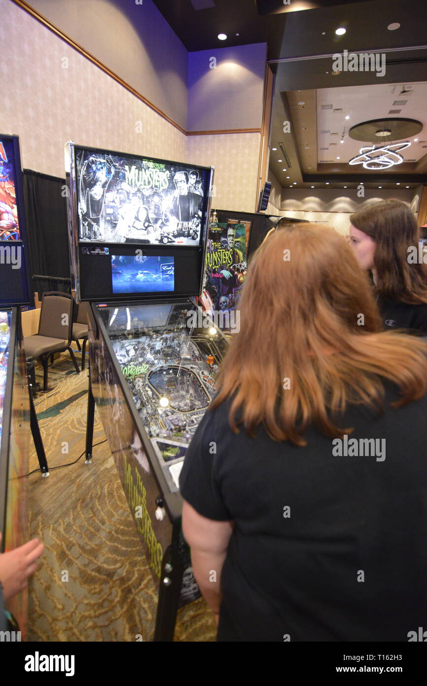 Frisco, USA. 23rd March, 2019. Pinball enthusiast playing The Munsters