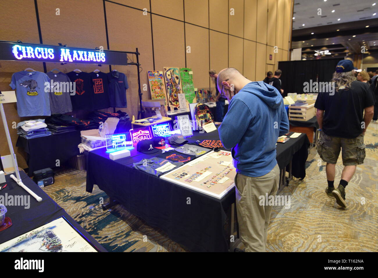 Frisco, USA. 23rd March, 2019.  Vendors hawk their wares at the Texas Pinball Festival at the Embassy Suites Dallas – Frisco Hotel and Convention Center. Credit: Mariana Fernandez/Alamy Live News Stock Photo