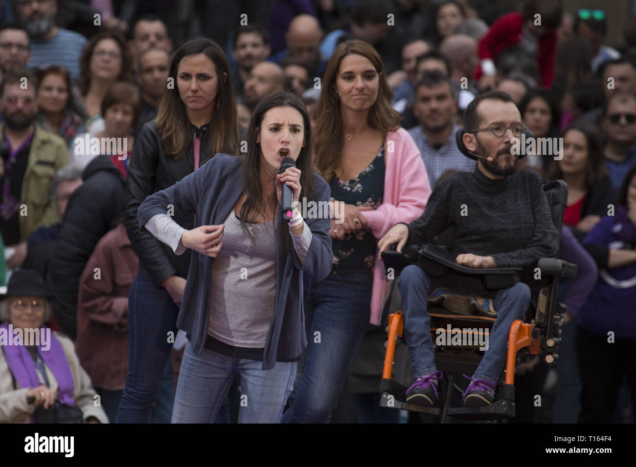 Madrid, Spain. 23rd Mar, 2019. Irene Montero, deputy of Unidos Podemos, seen speaking during the rally.Hundreds of people gathered at the rally of Podemos ''He returns'' (Vuelve in Spanish) as an act of pre-election campaign after the return of the party leader, Pablo Iglesias. During the rally, different members of the Unidos Podemos group participated. Credit: Lito Lizana/SOPA Images/ZUMA Wire/Alamy Live News Stock Photo
