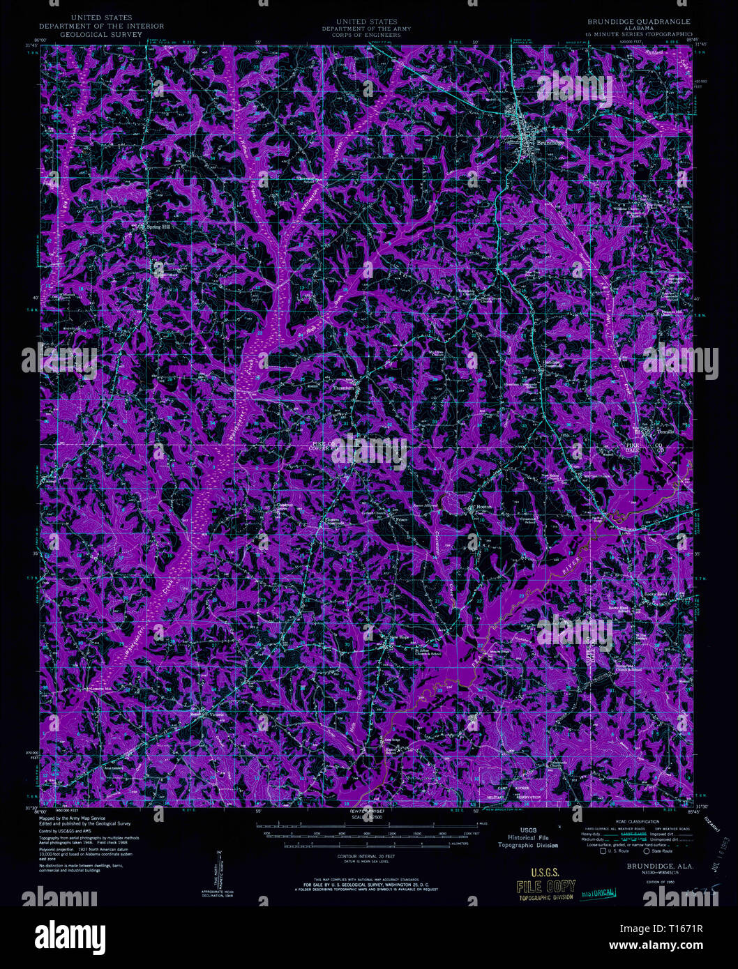 USGS TOPO Map Alabama AL Brundidge 305519 1950 62500 Inverted Stock Photo