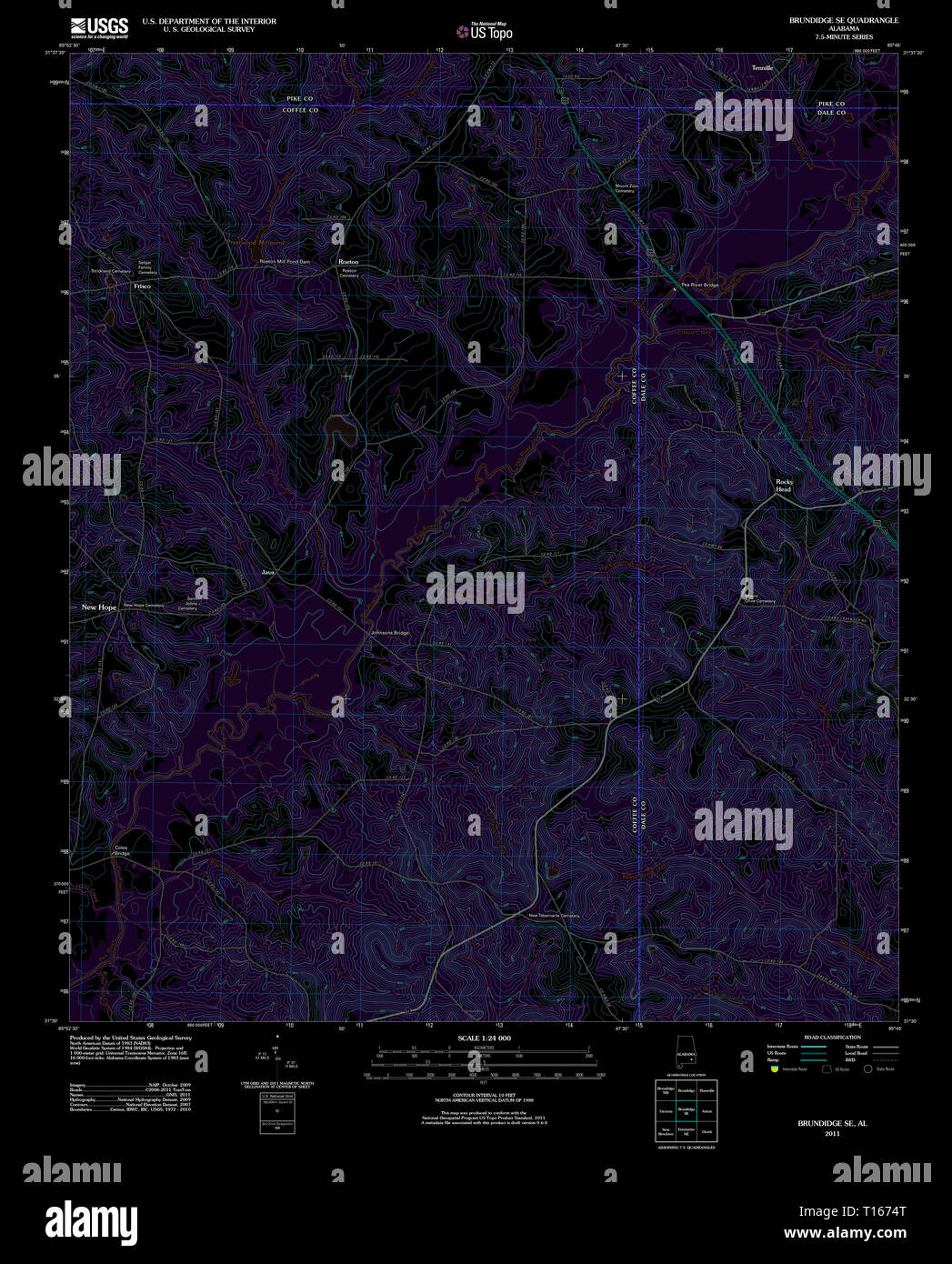 USGS TOPO Map Alabama AL Brundidge SE 20110912 TM Inverted Stock Photo