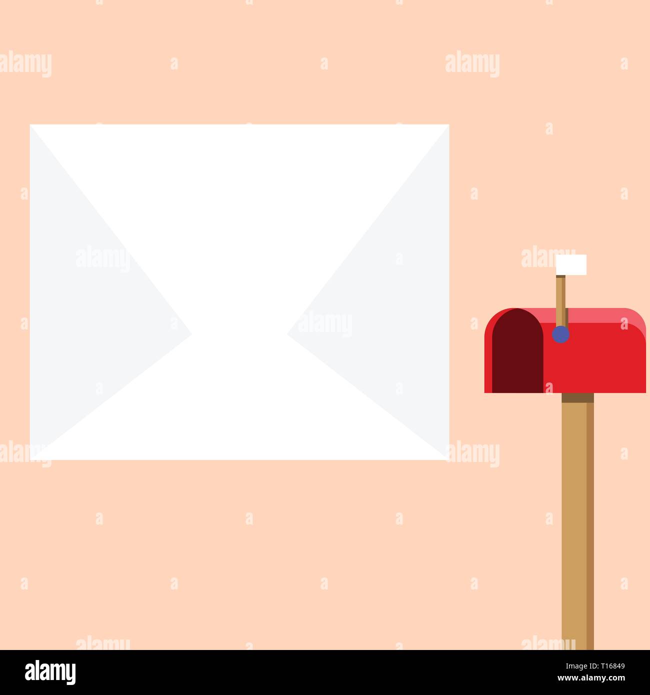 Blank Big White Envelope and Open Red Mailbox with Small Flag Up