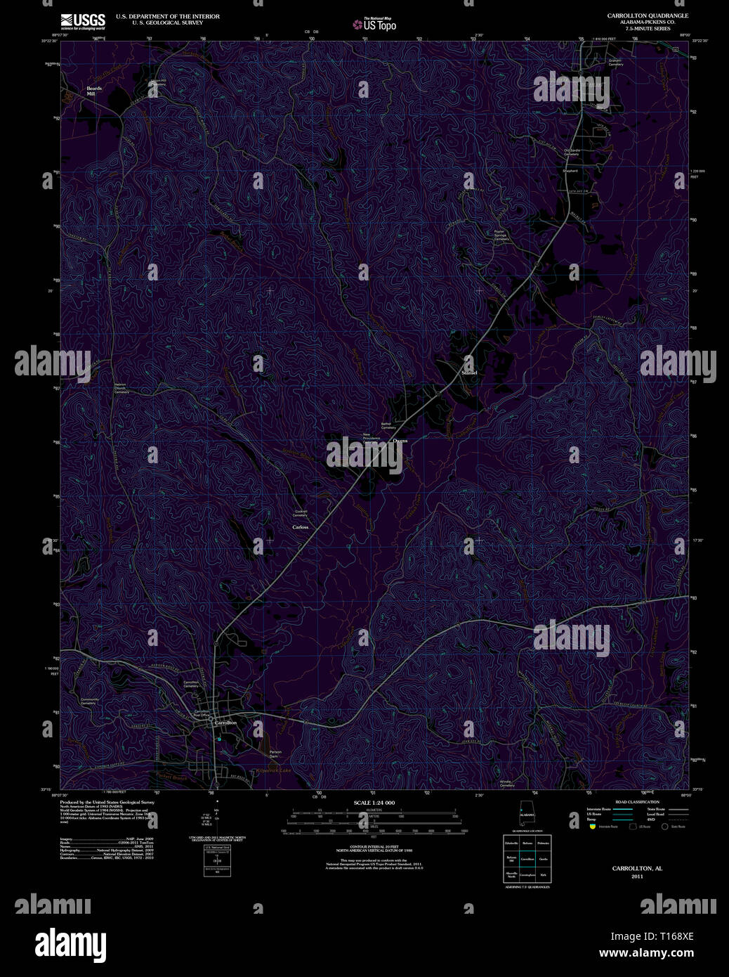 USGS TOPO Map Alabama AL Carrollton 20110915 TM Inverted Stock Photo