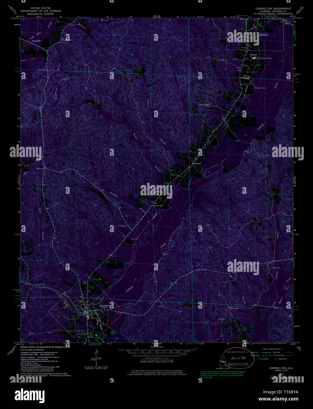 USGS TOPO Map Alabama AL Carrollton 303419 1967 24000 Inverted Stock Photo