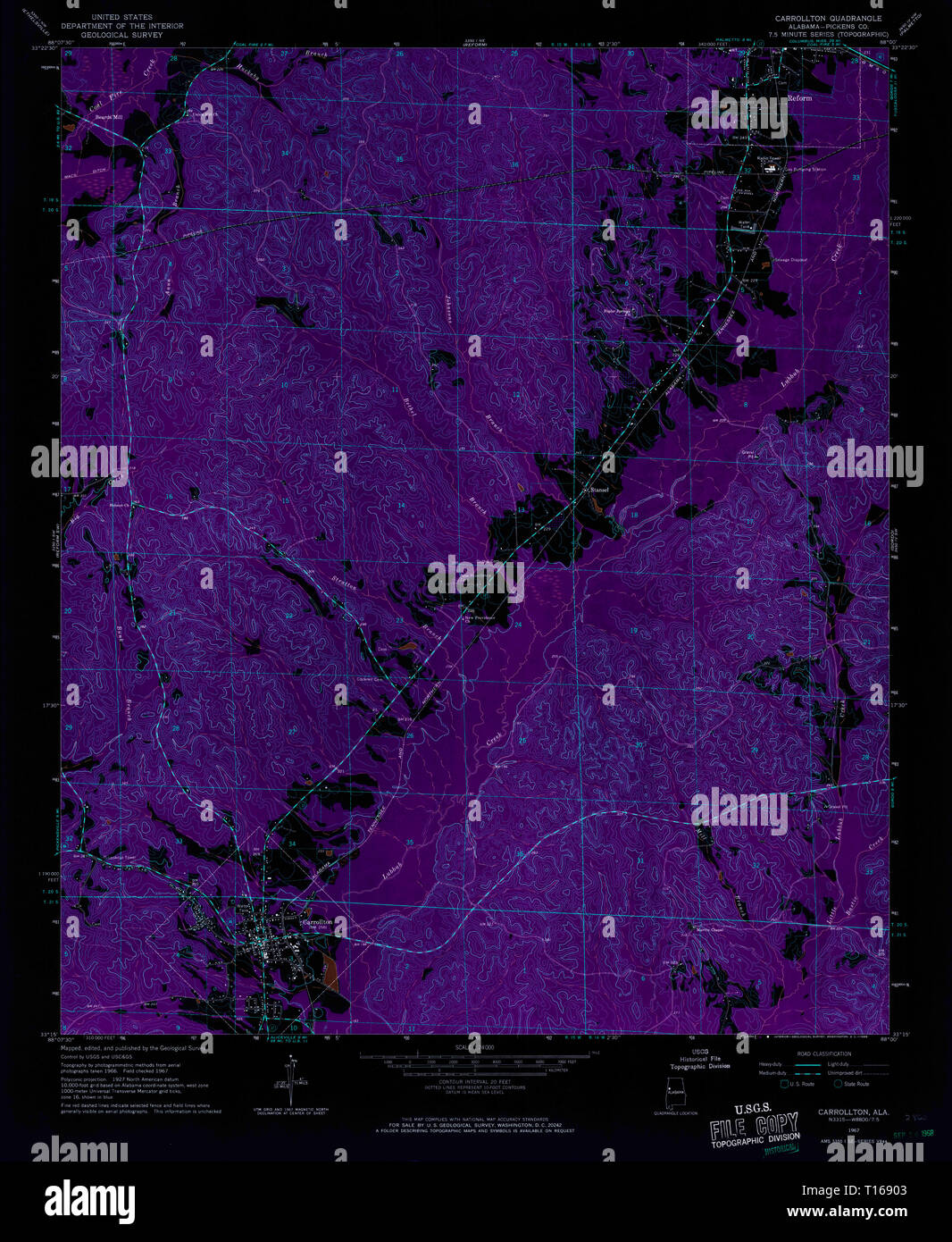 USGS TOPO Map Alabama AL Carrollton 303420 1967 24000 Inverted Stock Photo