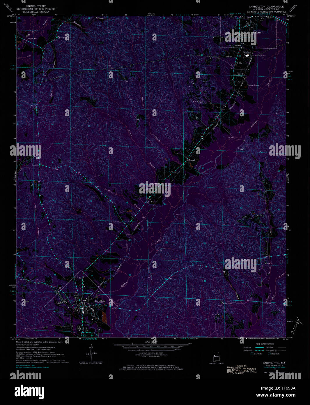 USGS TOPO Map Alabama AL Carrollton 303421 1967 24000 Inverted Stock Photo